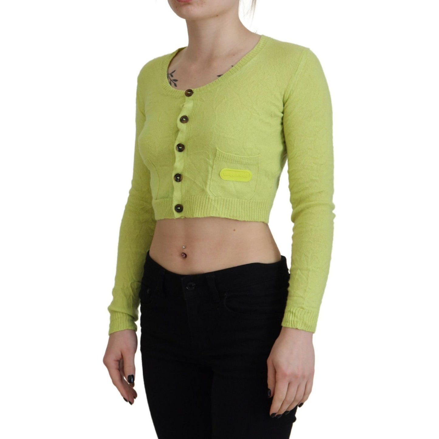 Dsquared² Yellow Green Cashmere Long Sleeves Cropped Sweater Dsquared² Dark Khaki