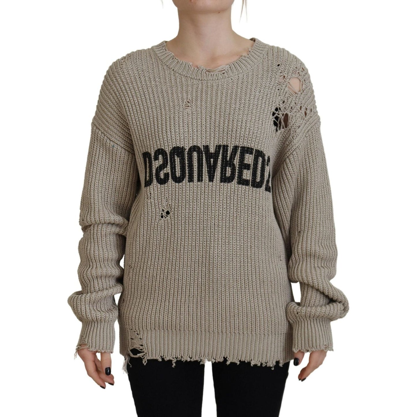Dsquared² Beige Cotton Knitted Crewneck Pullover Sweater Dsquared² Slate Gray