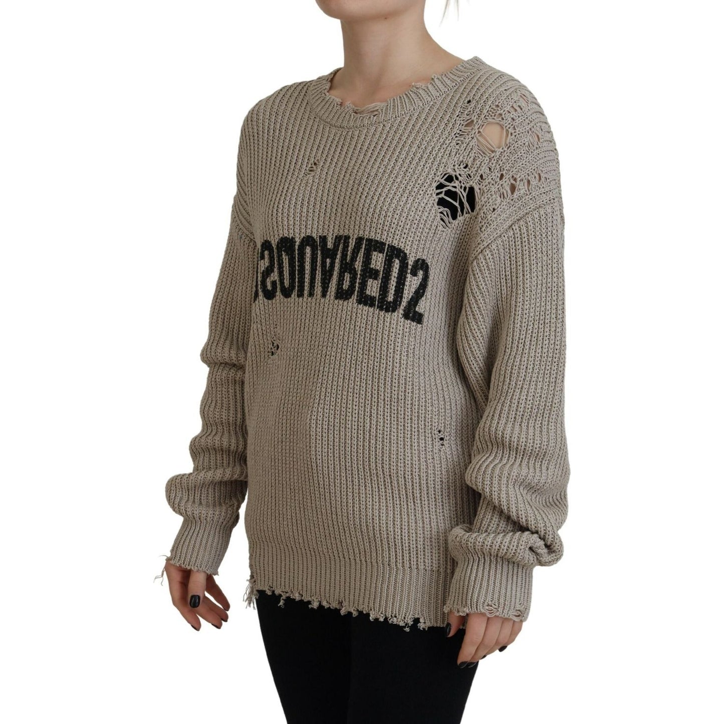 Dsquared² Beige Cotton Knitted Crewneck Pullover Sweater Dsquared² Dim Gray
