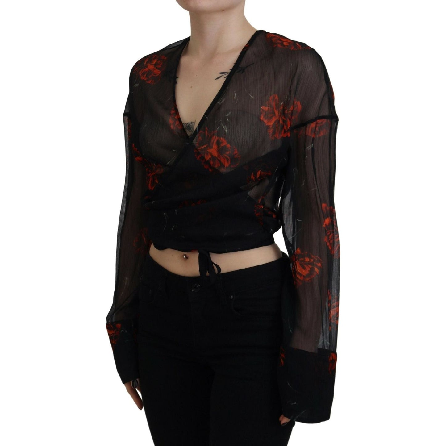 Dsquared² Black Floral Print Cropped Wrap Long Sleeves Top Dsquared² Black