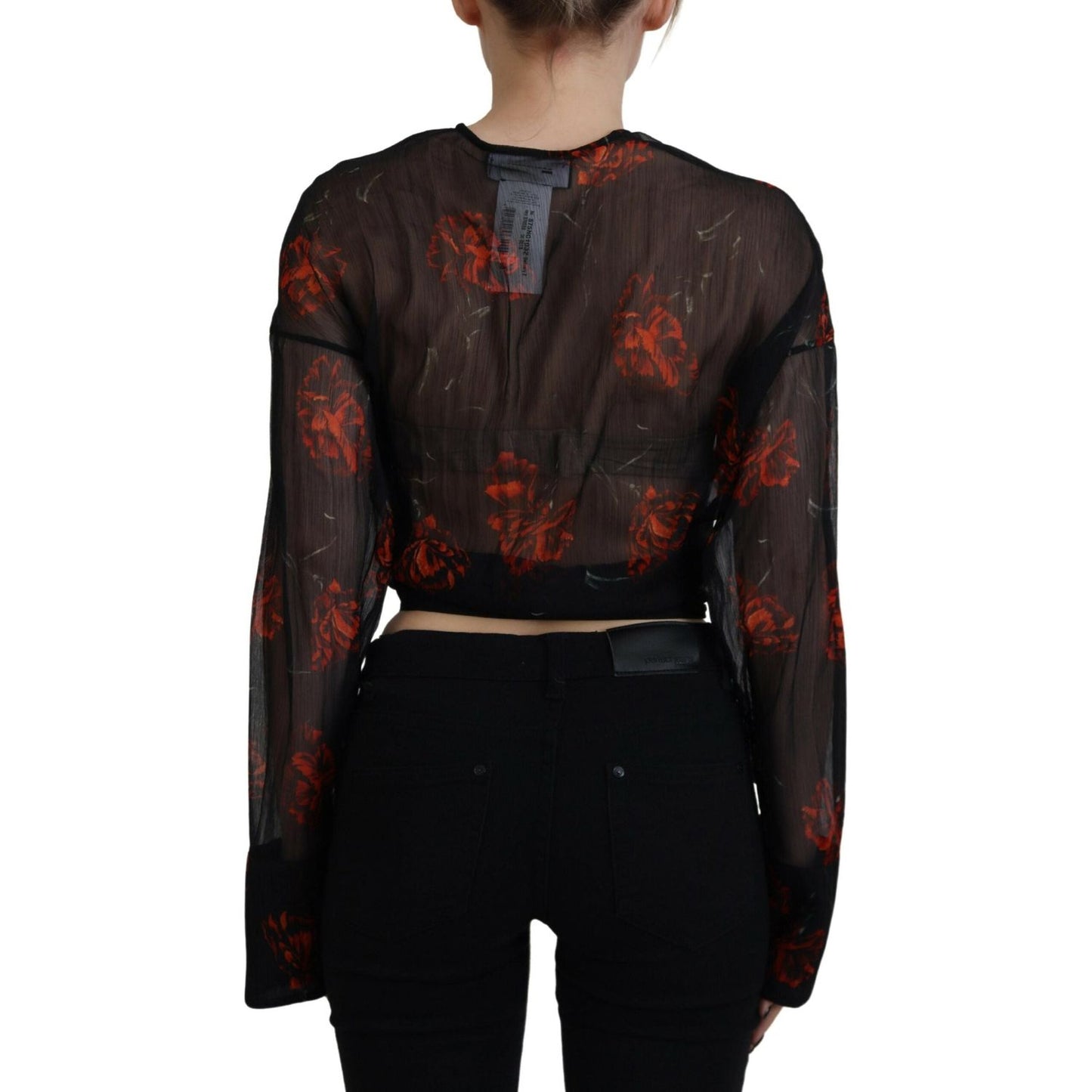 Dsquared² Black Floral Print Cropped Wrap Long Sleeves Top Dsquared² Black