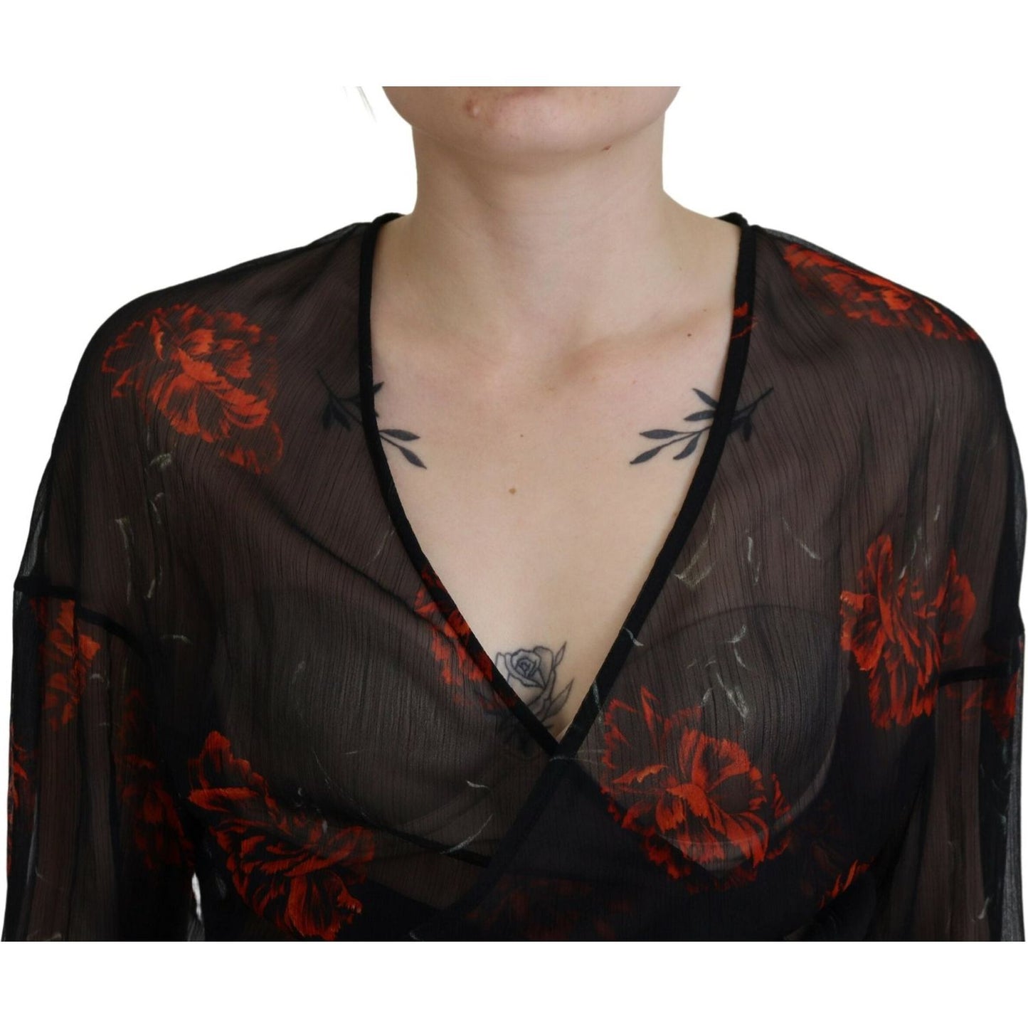 Dsquared² Black Floral Print Cropped Wrap Long Sleeves Top Dsquared² Black