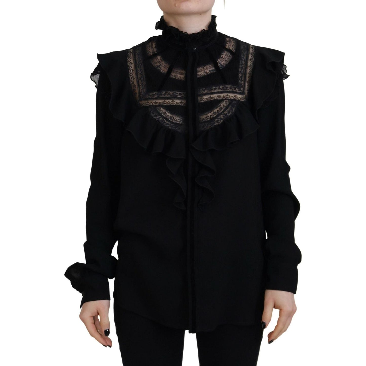 Dsquared² Black Lace Trim Turtle Neck Long Sleeves Top Dsquared² Black
