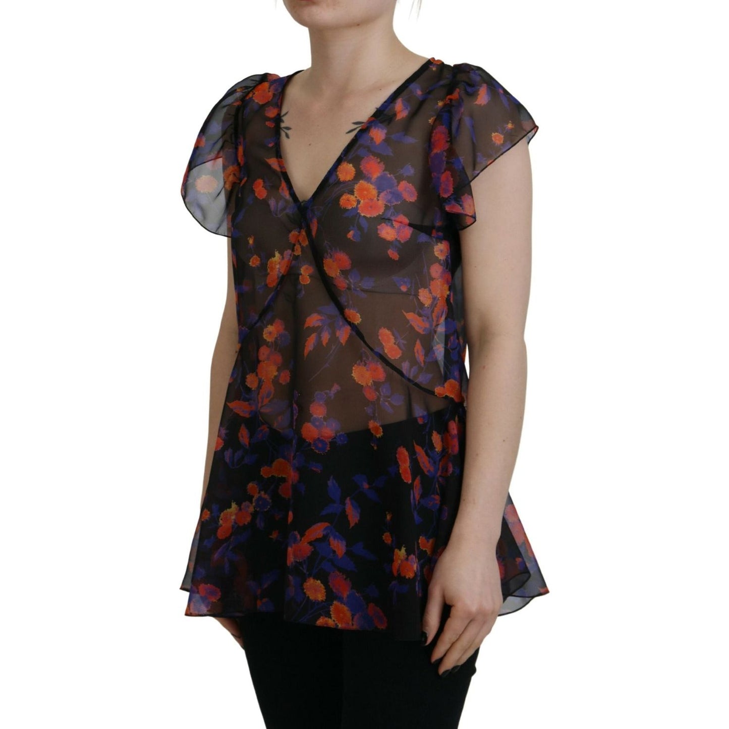 Dsquared² Black Floral Print Short Sleeves V-neck Blouse Top Dsquared² Black
