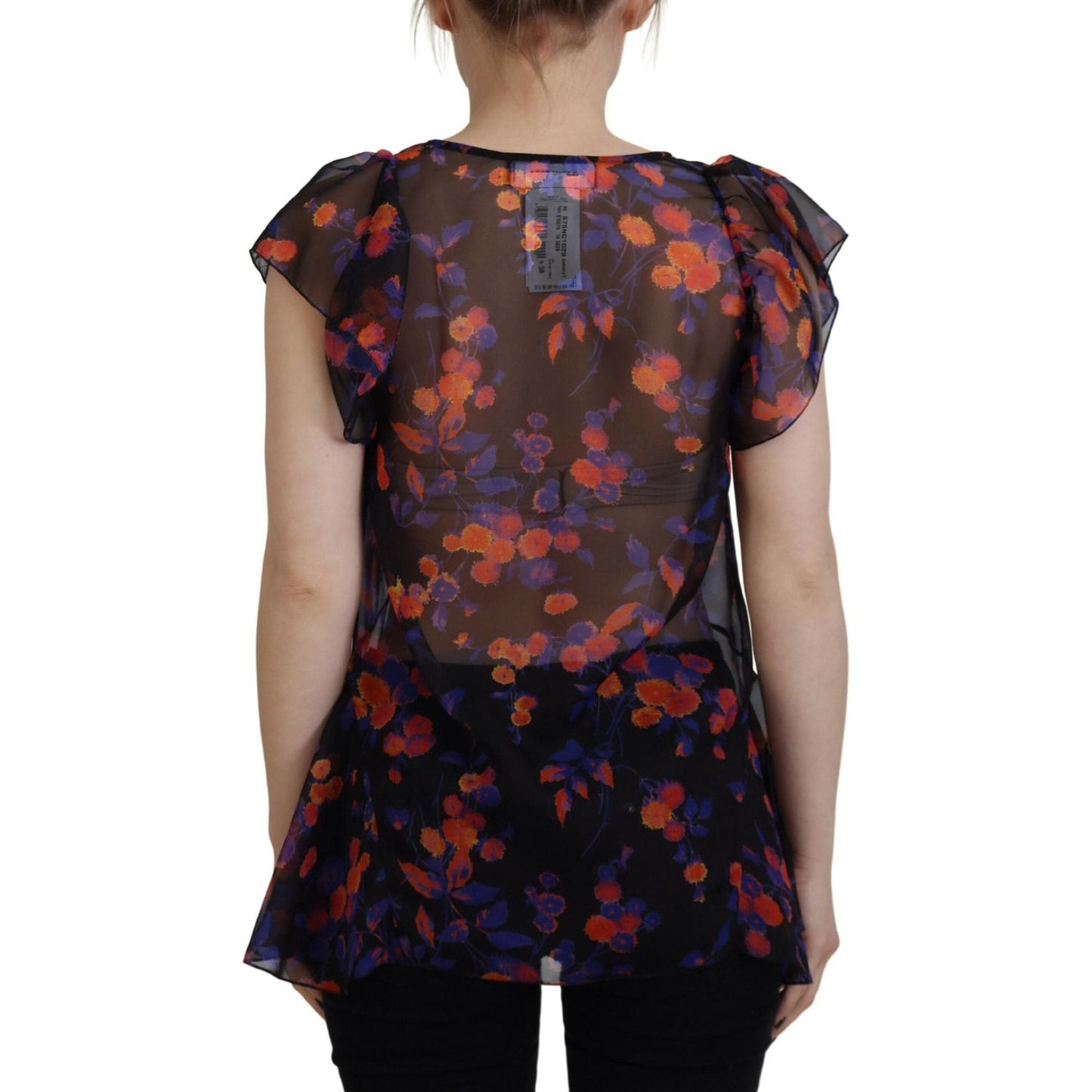 Dsquared² Black Floral Print Short Sleeves V-neck Blouse Top Dsquared² Black