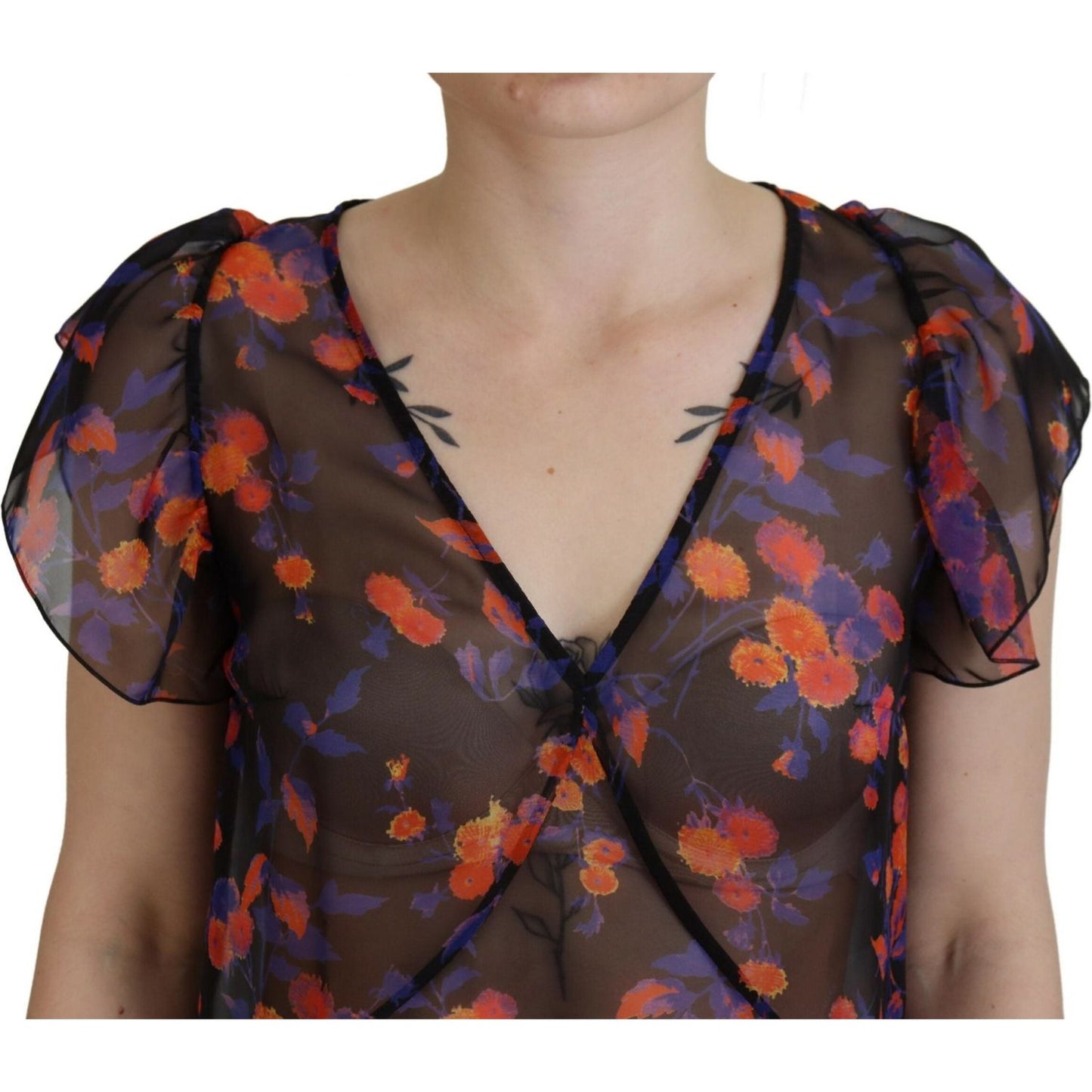 Dsquared² Black Floral Print Short Sleeves V-neck Blouse Top Dsquared² Dark Slate Gray