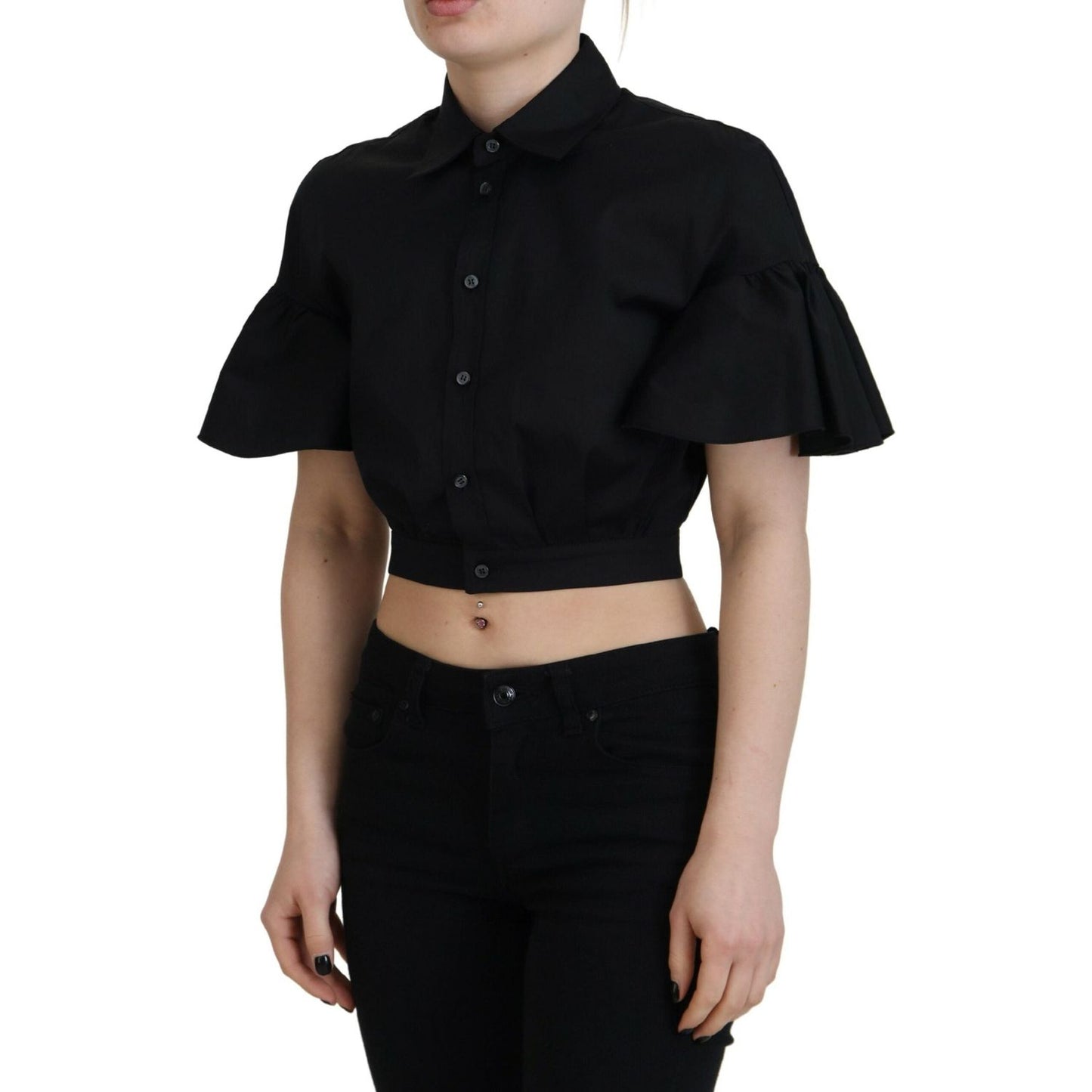Dsquared² Black Collared Button Down Short Sleeve Cropped Top Dsquared² Black
