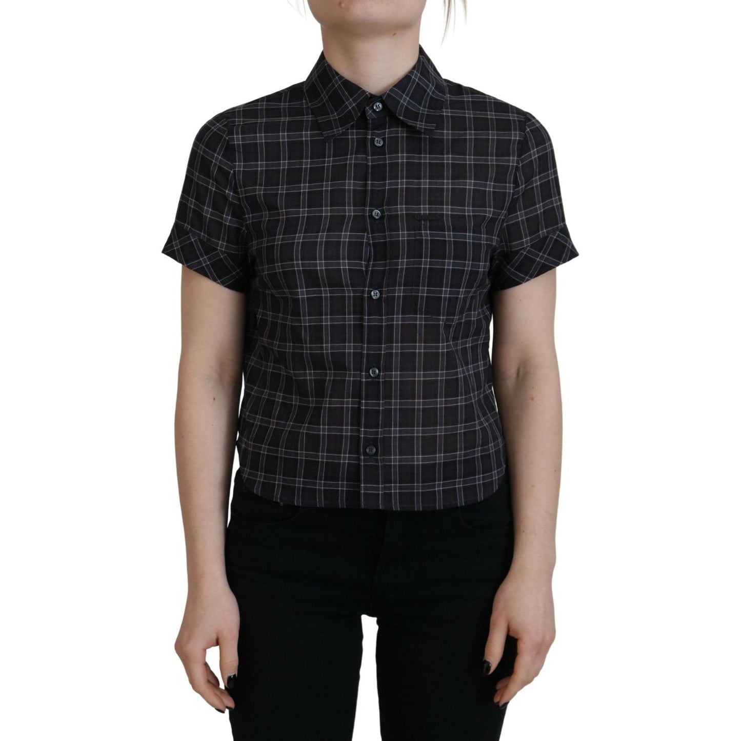 Dsquared² Black Checkered Collared Button Short Sleeves Top Dsquared² Black
