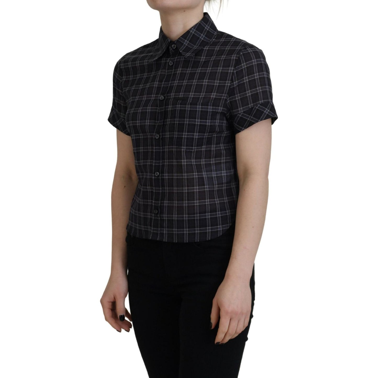 Dsquared² Black Checkered Collared Button Short Sleeves Top Dsquared² Black