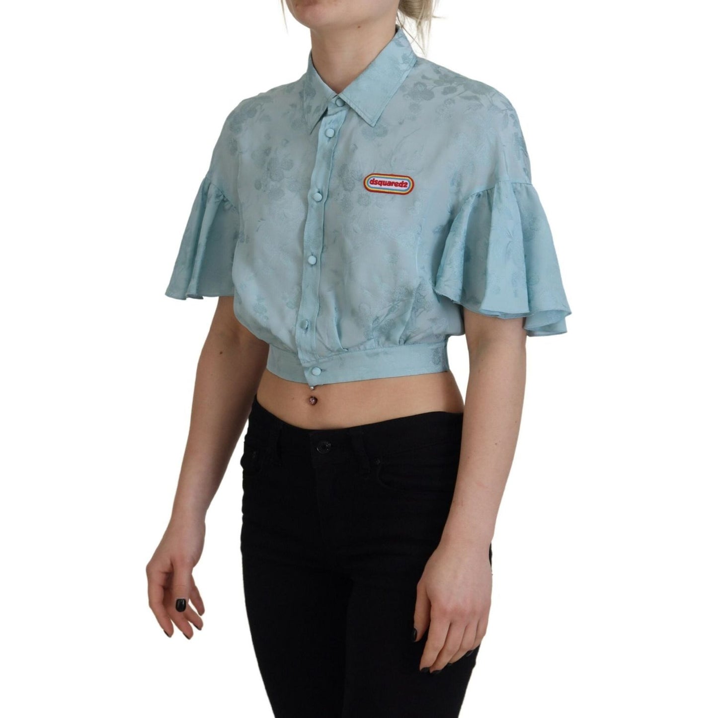 Dsquared² Blue Collared Button Down Short Sleeve Cropped Top Dsquared² Light Slate Gray