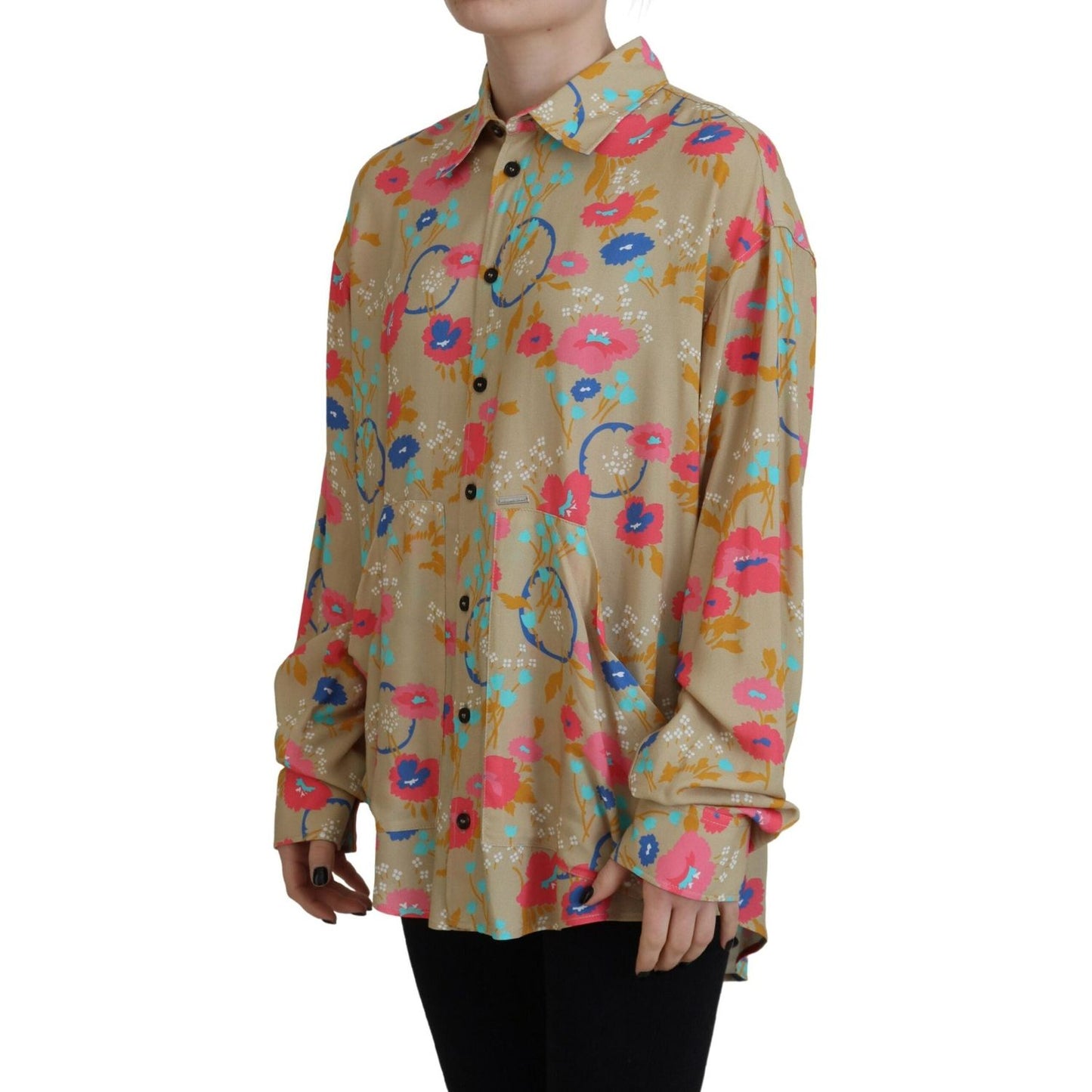 Dsquared² Beige Floral Collared Button Down Long Sleeves Shirt Dsquared² Dim Gray
