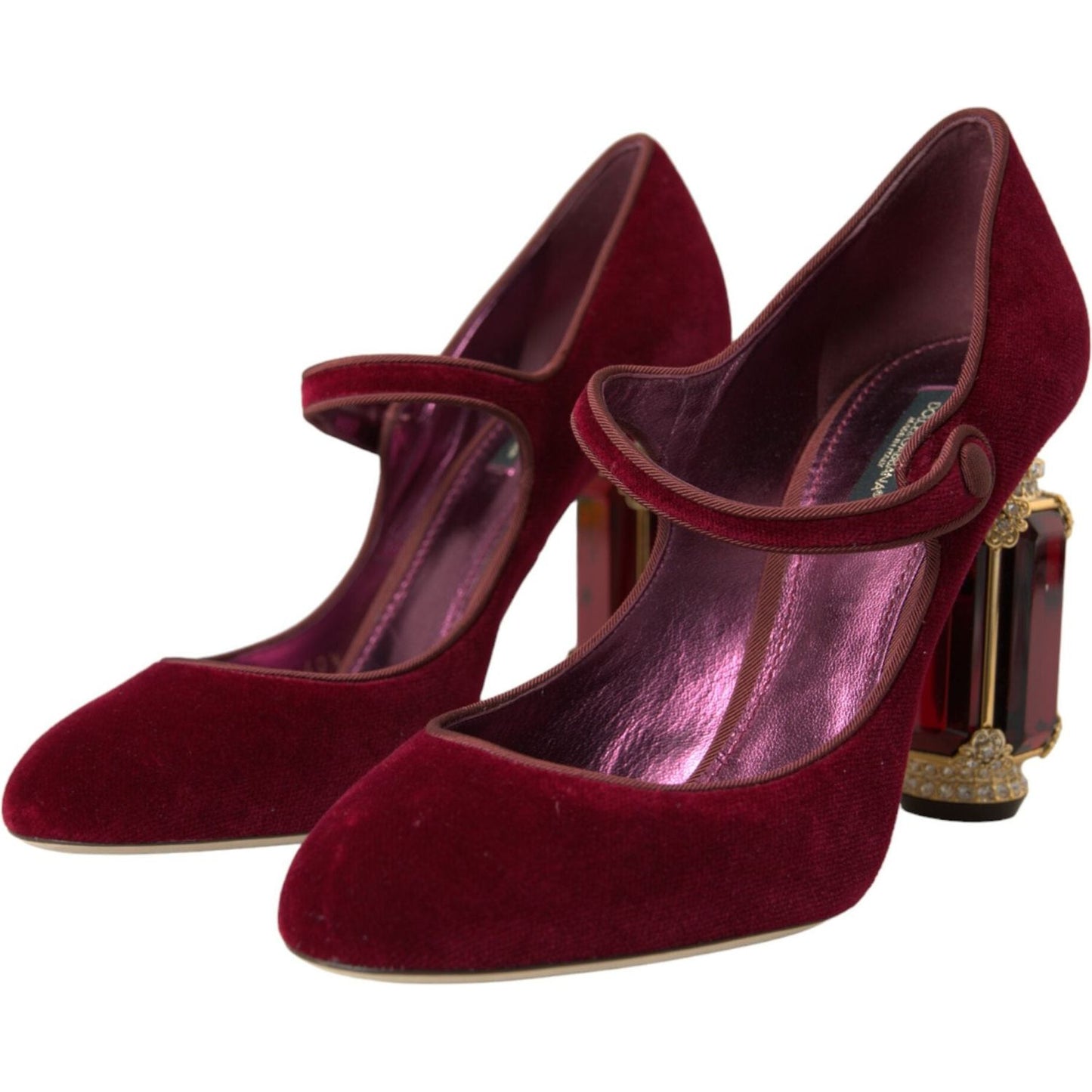 Dolce & Gabbana Red Velvet Gold Crystals Heels Mary Jane Shoes Dolce & Gabbana Dark Red