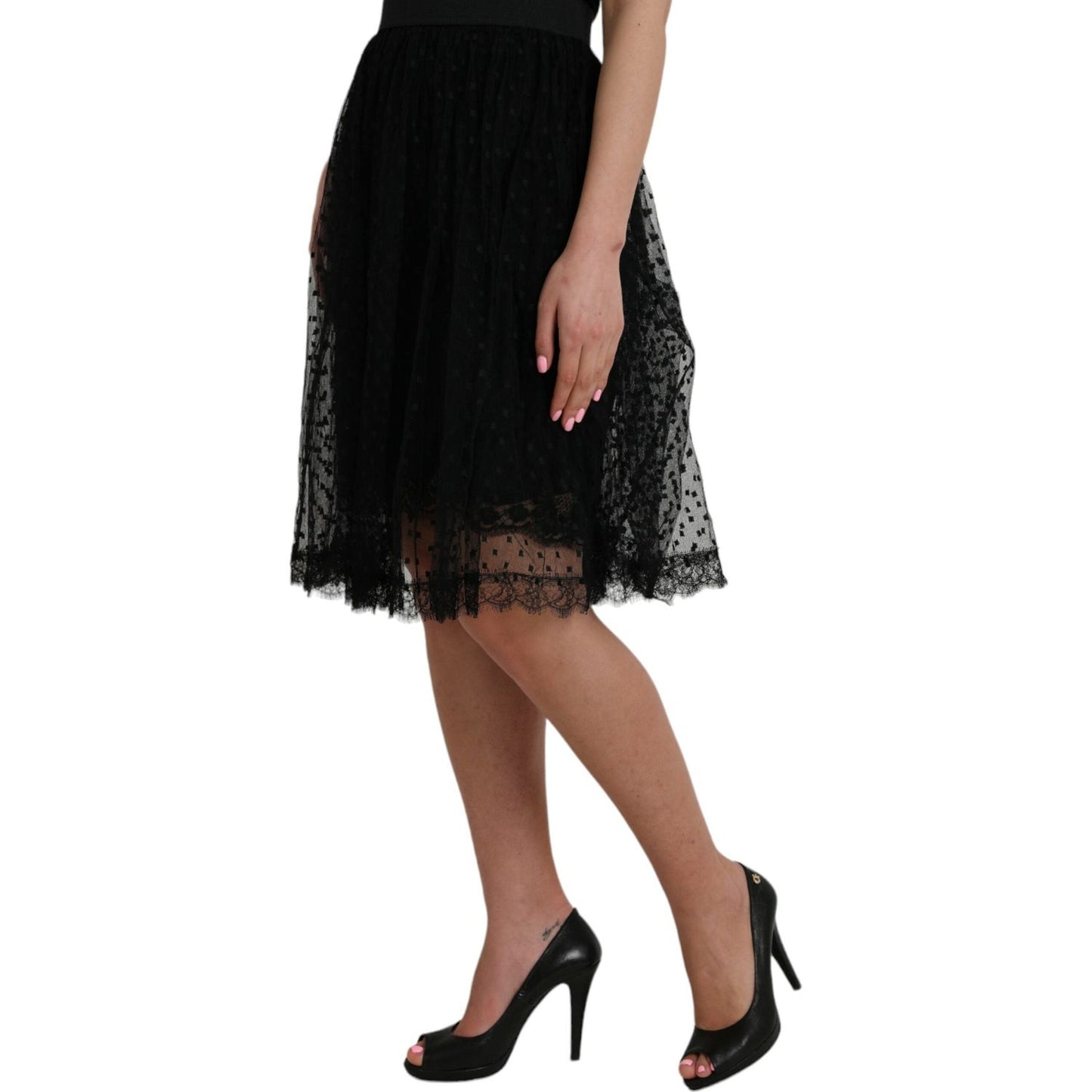 Dolce & Gabbana Black Nylon Lace Trim High Waist A-line Skirt Dolce & Gabbana Rosy Brown