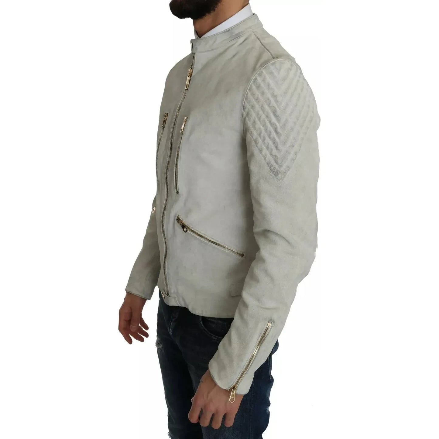 Dolce & Gabbana Leather White Biker Motorcycle Jacket Dolce & Gabbana Dark Gray