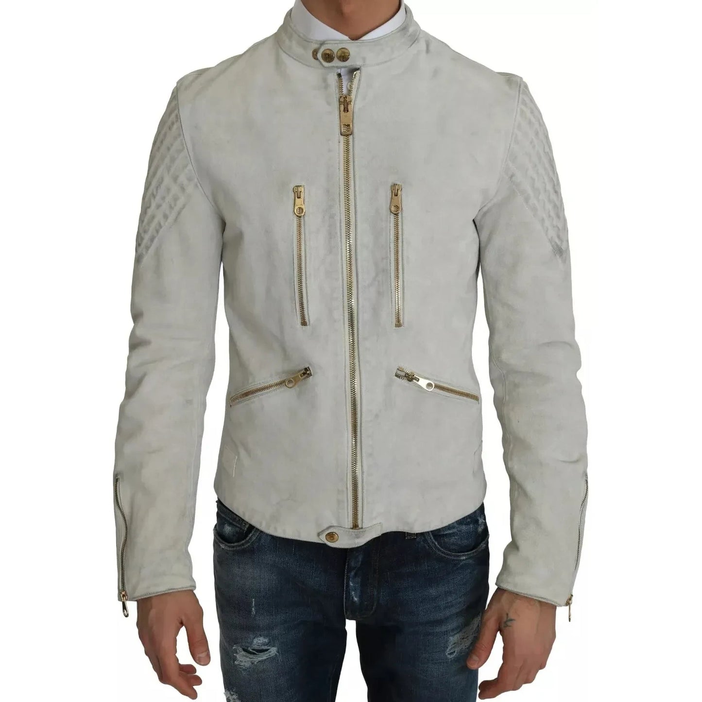 Dolce & Gabbana Leather White Biker Motorcycle Jacket Dolce & Gabbana Dark Gray