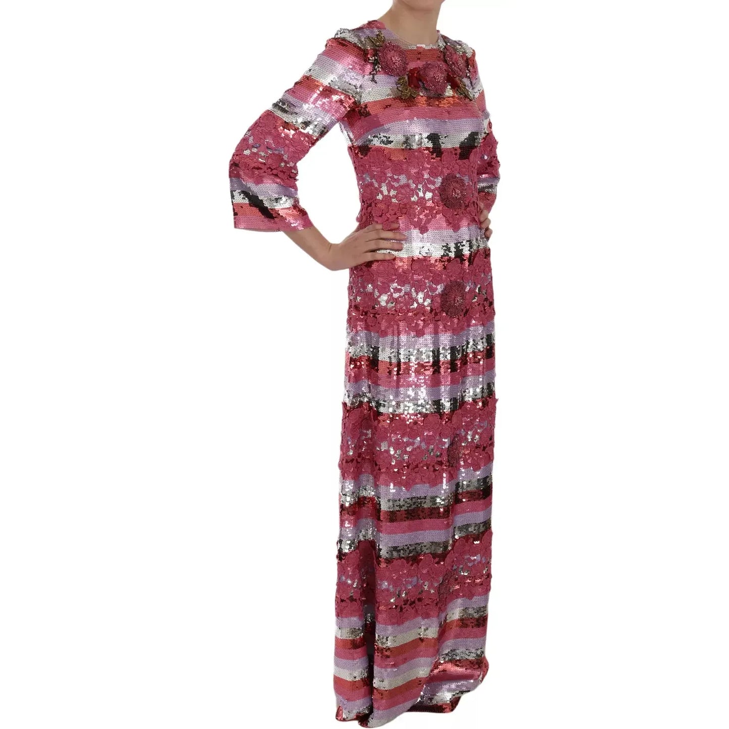 Dolce & Gabbana Pink Floral Sequined Crystal Gown Dress Dolce & Gabbana Dim Gray