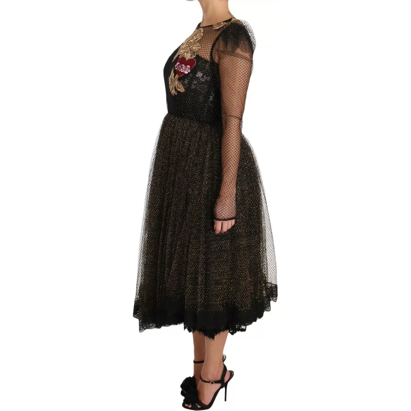 Dolce & Gabbana Black Gold Crystal Heart A-line Dress Dolce & Gabbana Black