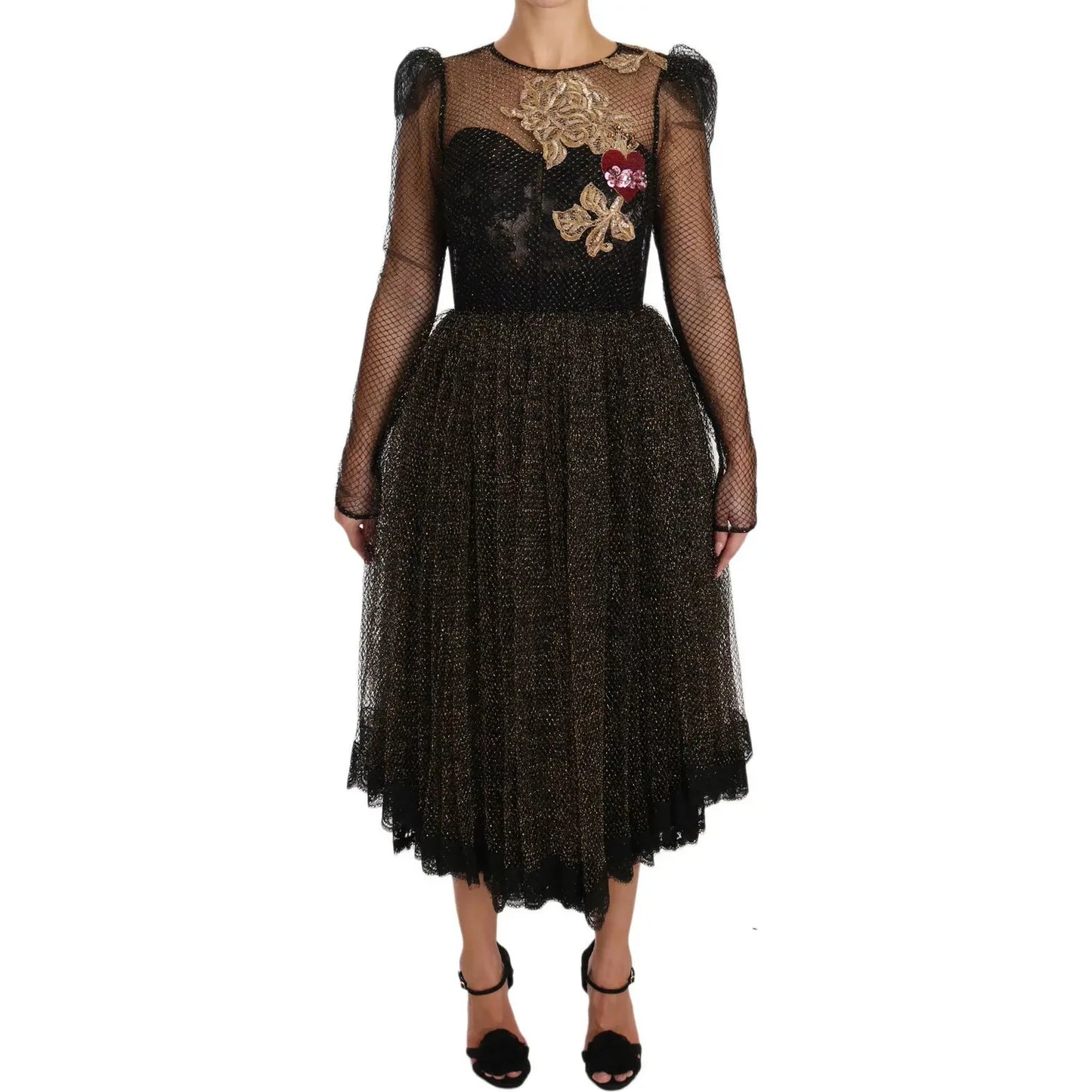 Dolce & Gabbana Black Gold Crystal Heart A-line Dress Dolce & Gabbana Black
