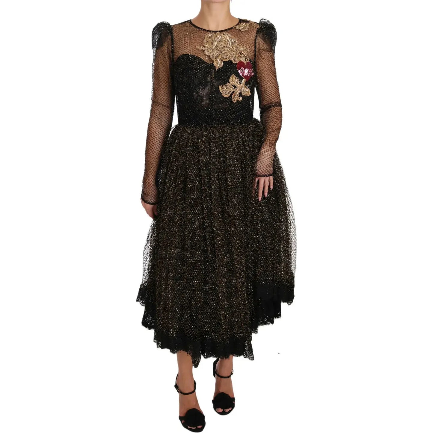 Dolce & Gabbana Black Gold Crystal Heart A-line Dress Dolce & Gabbana Black