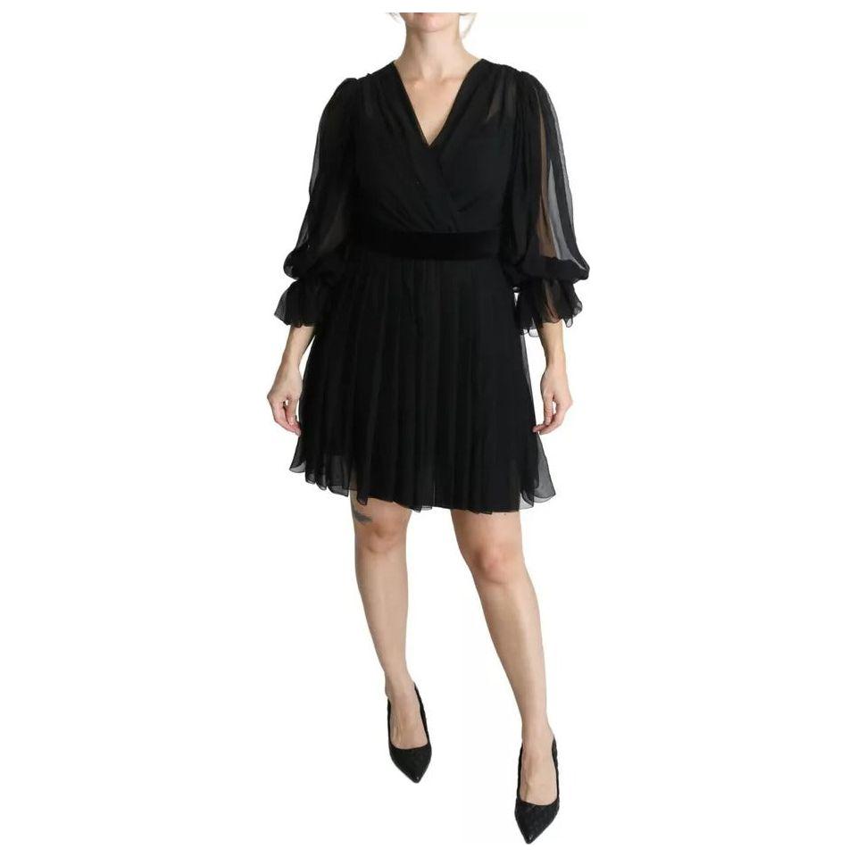 Dolce & Gabbana Black Mesh Pleated Mini Silk Blend Dress Dolce & Gabbana Tan