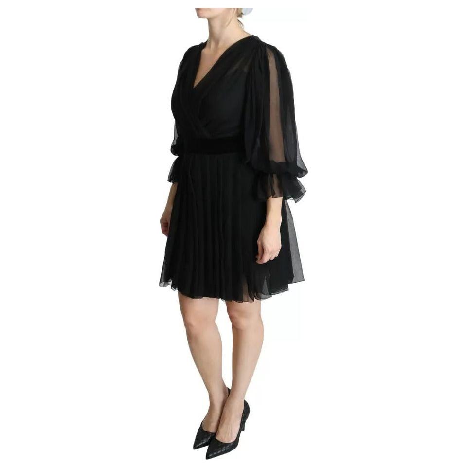 Dolce & Gabbana Black Mesh Pleated Mini Silk Blend Dress Dolce & Gabbana Tan