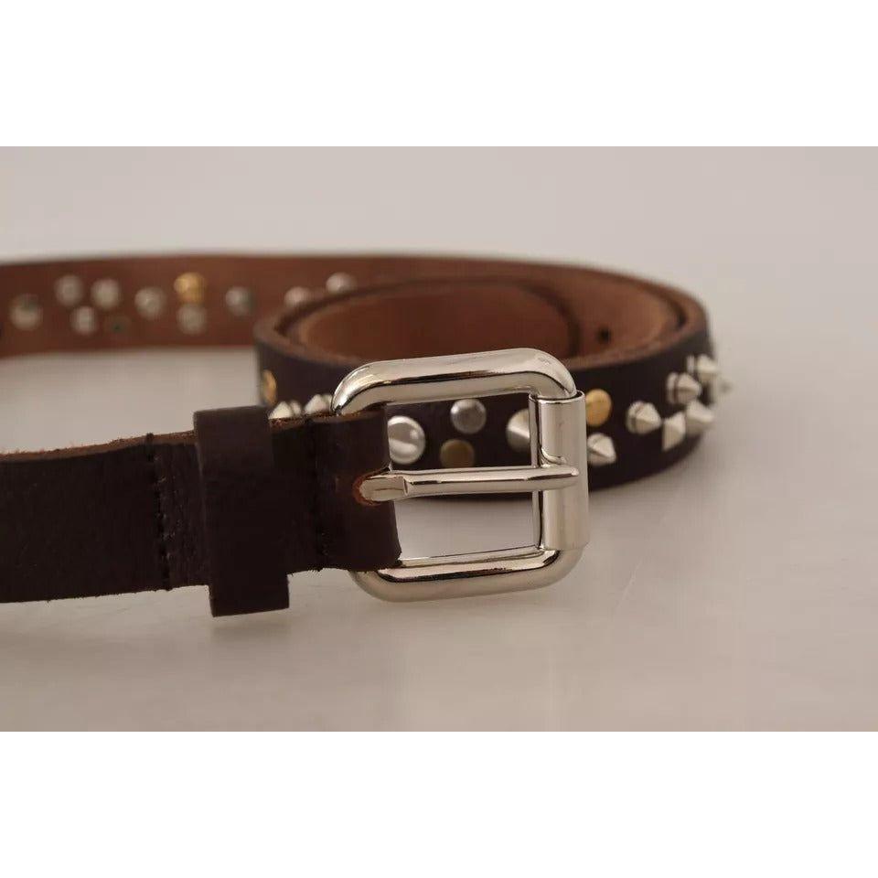 Dolce & Gabbana Brown Leather Studded Silver Metal Buckle Belt Dolce & Gabbana Dark Gray