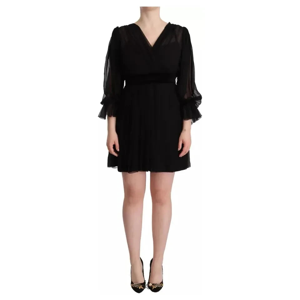 Dolce & Gabbana Black V-neck Long Sleeves Mini A-line Dress Dolce & Gabbana Tan