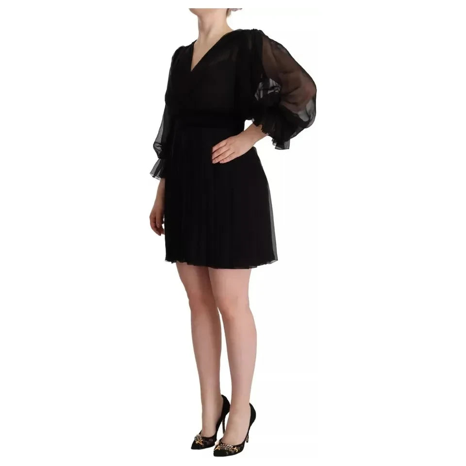 Dolce & Gabbana Black V-neck Long Sleeves Mini A-line Dress Dolce & Gabbana Rosy Brown