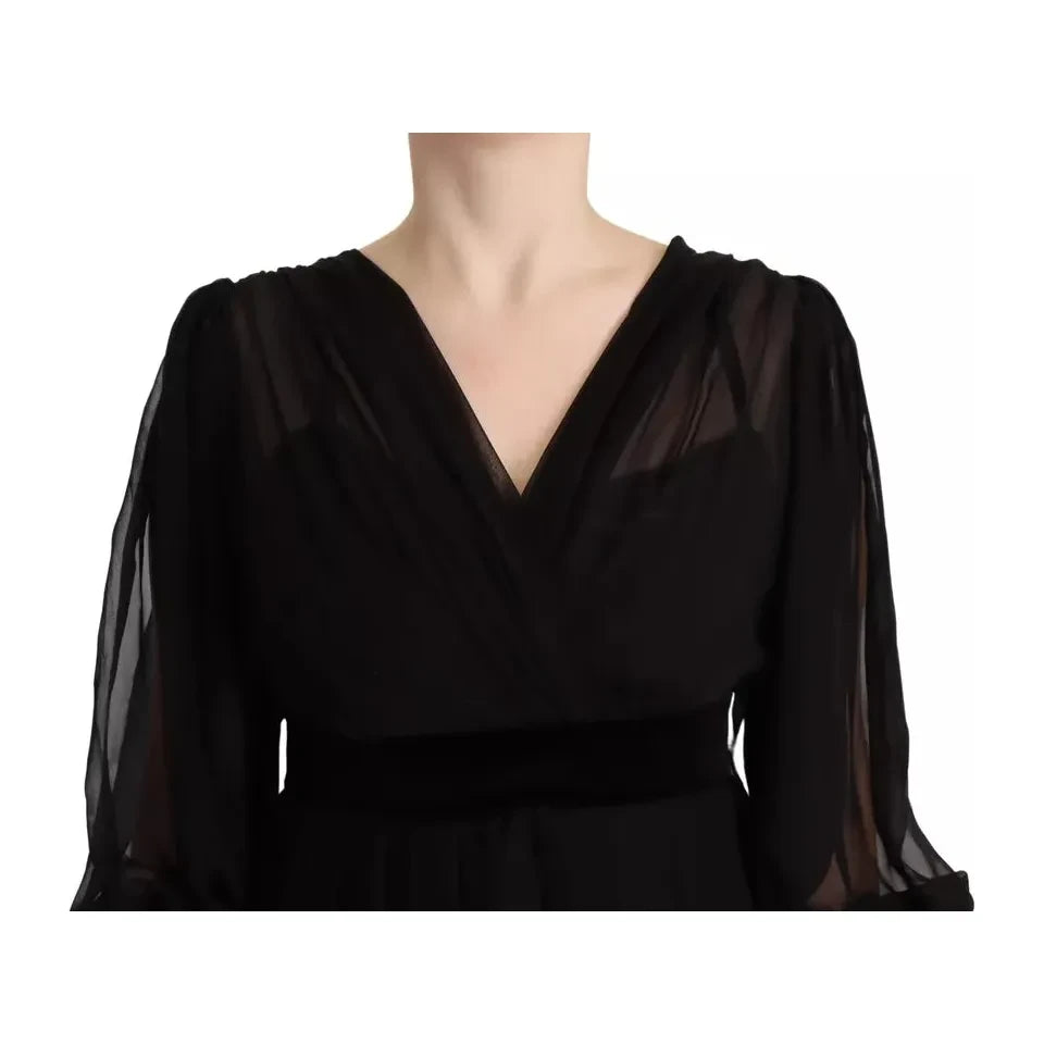 Dolce & Gabbana Black V-neck Long Sleeves Mini A-line Dress Dolce & Gabbana Black