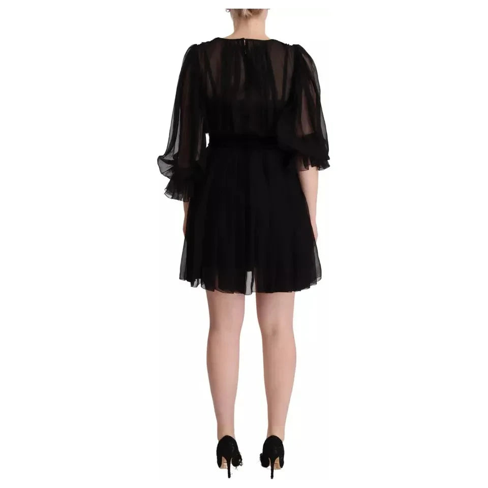Dolce & Gabbana Black V-neck Long Sleeves Mini A-line Dress Dolce & Gabbana Black