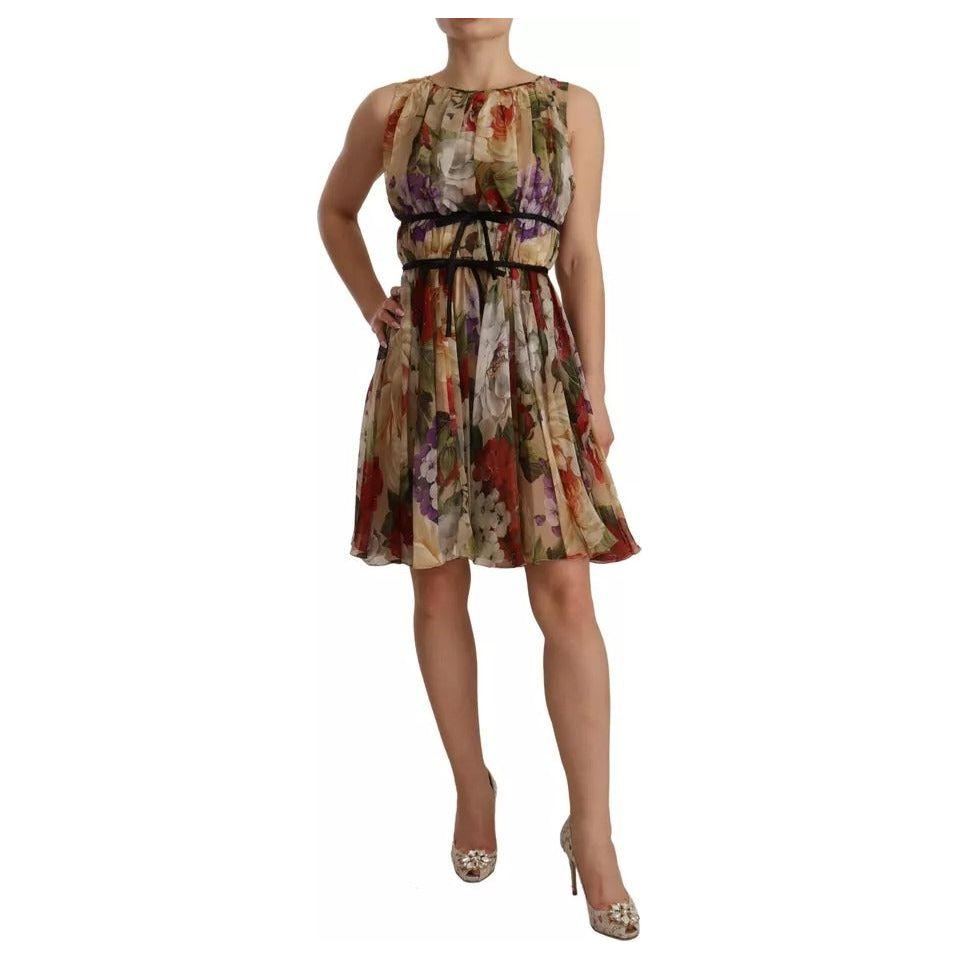 Dolce & Gabbana Beige Floral Sleeveless Round Neck Mini Dress Dolce & Gabbana Dim Gray
