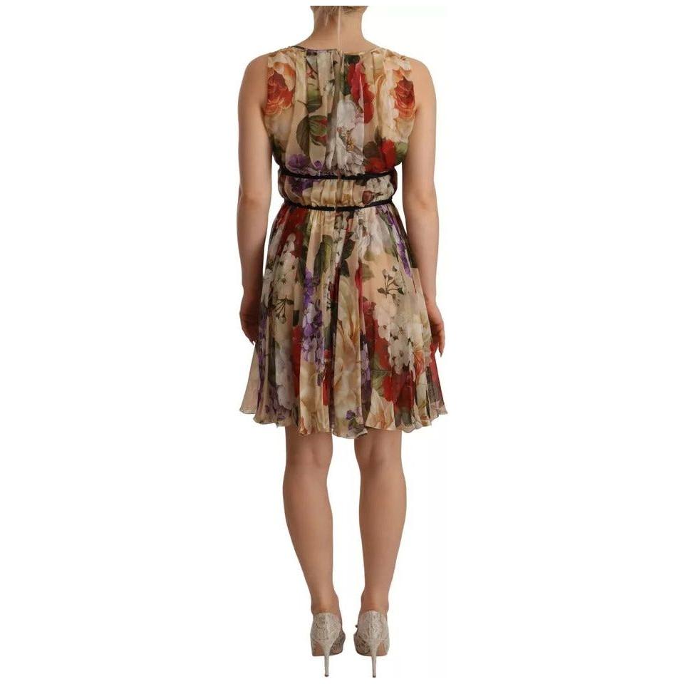 Dolce & Gabbana Beige Floral Sleeveless Round Neck Mini Dress Dolce & Gabbana Dim Gray