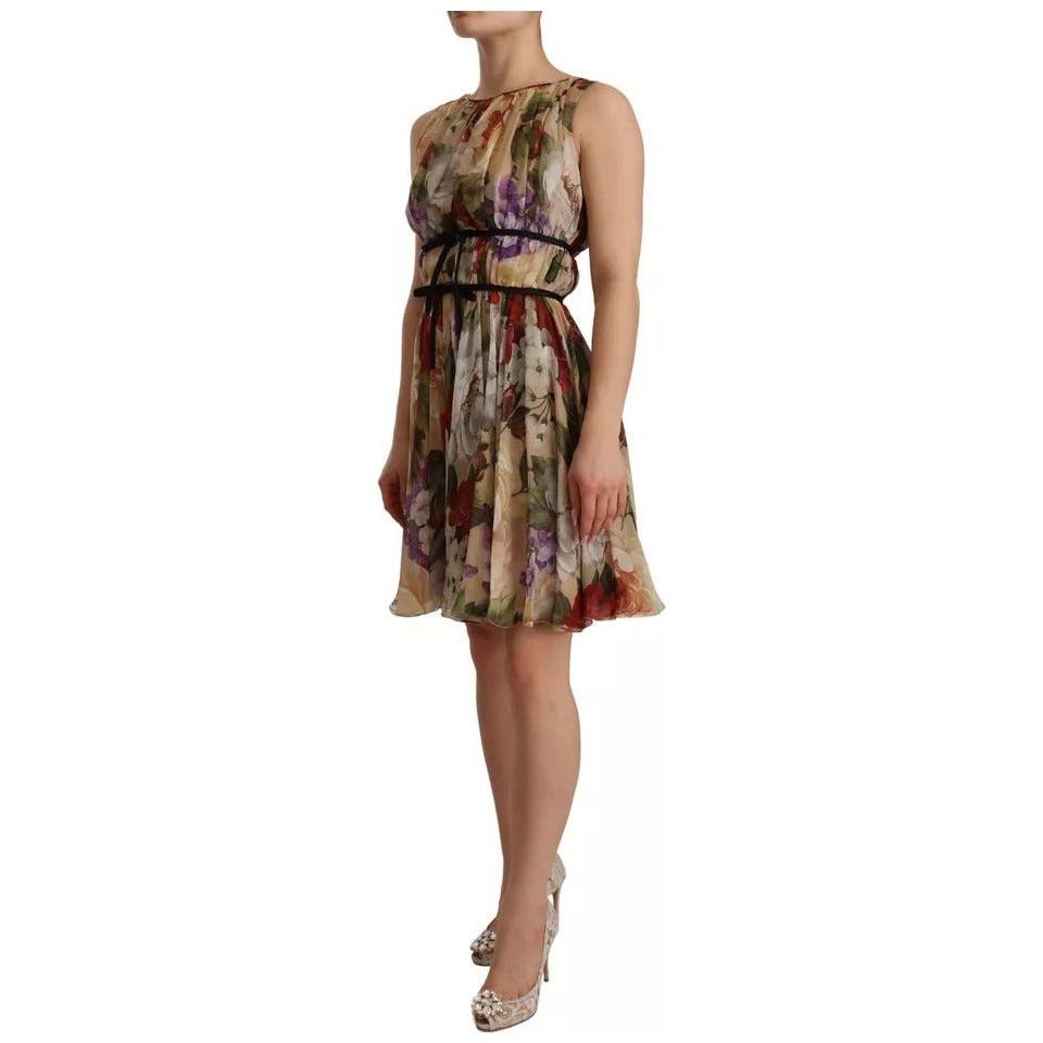 Dolce & Gabbana Beige Floral Sleeveless Round Neck Mini Dress Dolce & Gabbana Dim Gray
