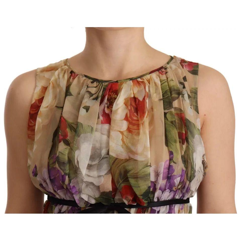 Dolce & Gabbana Beige Floral Sleeveless Round Neck Mini Dress Dolce & Gabbana Rosy Brown