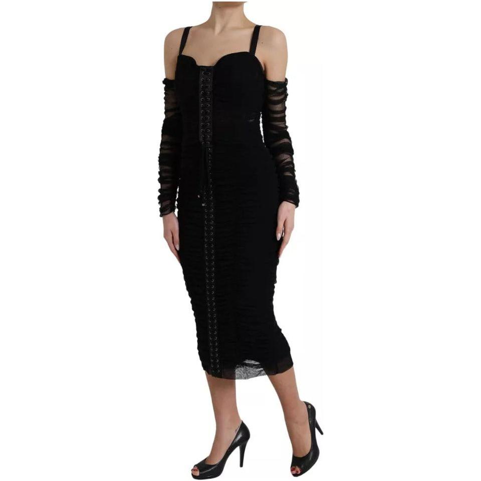 Dolce & Gabbana Black Cold Shoulder Stretch Tulle Midi Dress Dolce & Gabbana Black