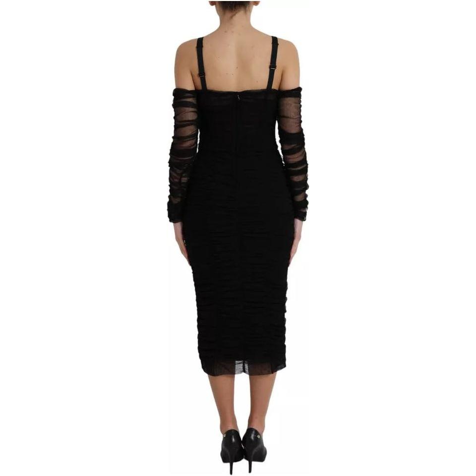 Dolce & Gabbana Black Cold Shoulder Stretch Tulle Midi Dress Dolce & Gabbana Black