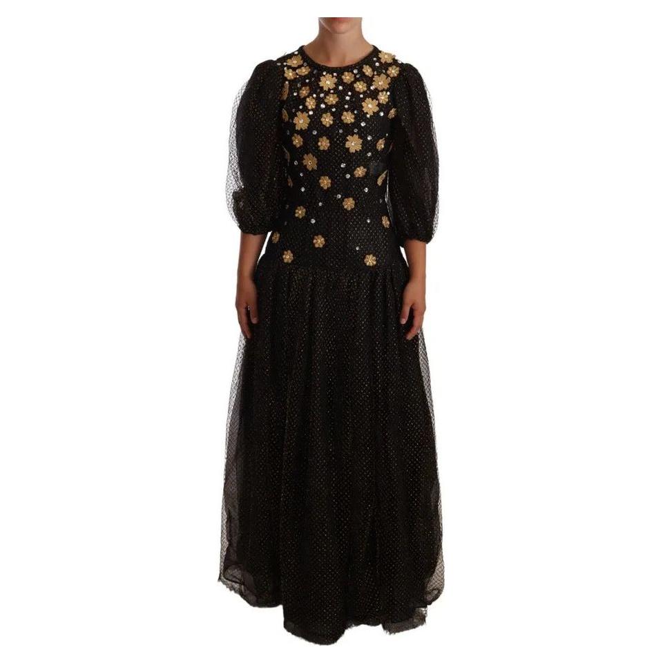 Dolce & Gabbana Black Crystal Floral Maxi Ball Gown Dress Dolce & Gabbana Black