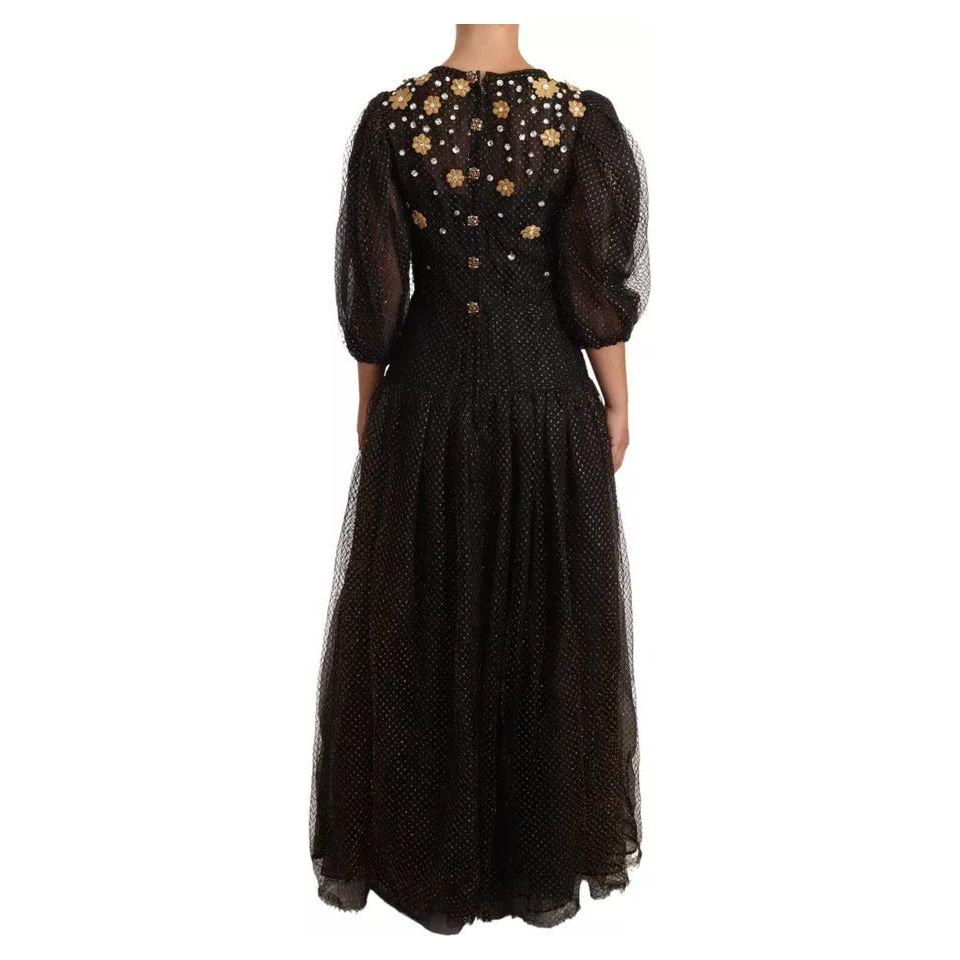 Dolce & Gabbana Black Crystal Floral Maxi Ball Gown Dress Dolce & Gabbana Black