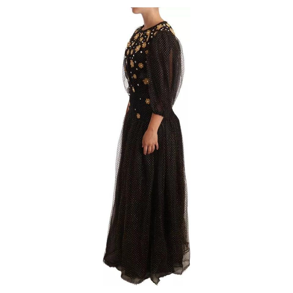 Dolce & Gabbana Black Crystal Floral Maxi Ball Gown Dress Dolce & Gabbana Black