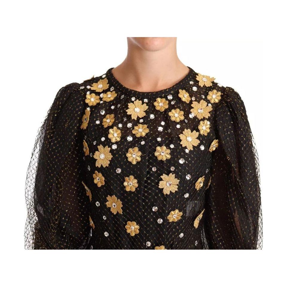 Dolce & Gabbana Black Crystal Floral Maxi Ball Gown Dress Dolce & Gabbana Tan