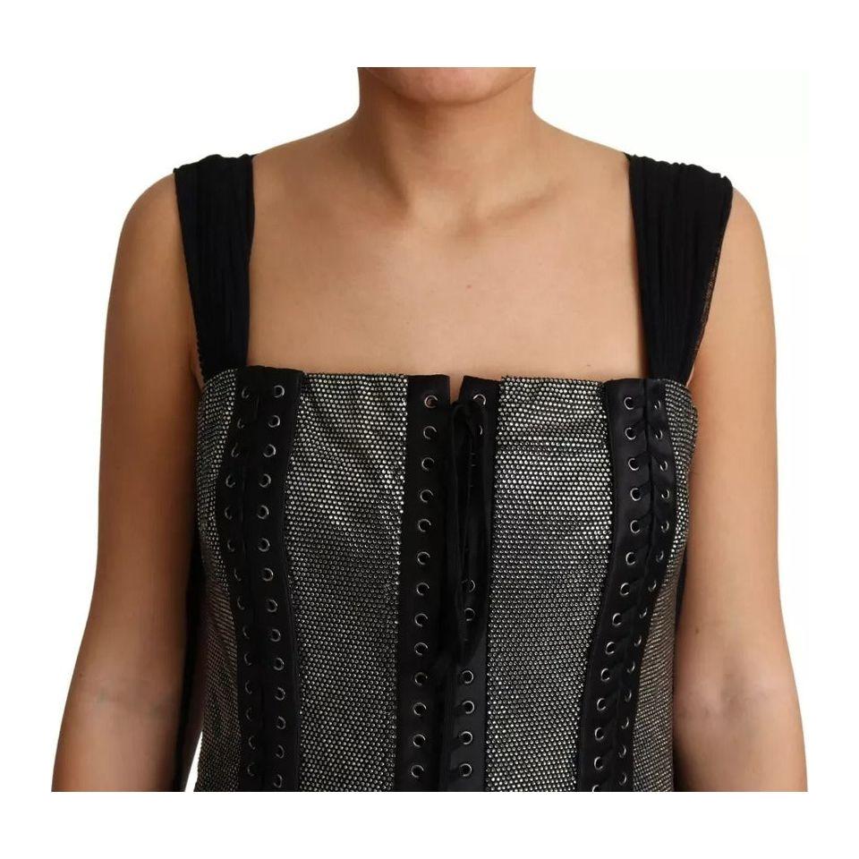 Dolce & Gabbana Black Crystals Lace Up Runway Gown Dress Dolce & Gabbana Tan