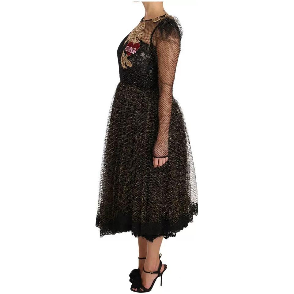 Dolce & Gabbana Black Gold Crystal Heart A-line Dress Dolce & Gabbana Black