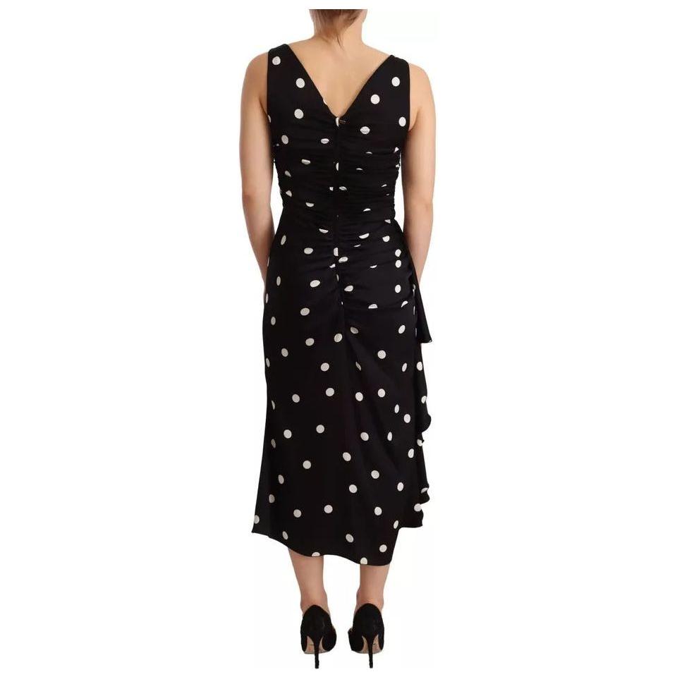 Dolce & Gabbana Black Silk Polka Dots V-neck Sheath Midi Dress Dolce & Gabbana Black