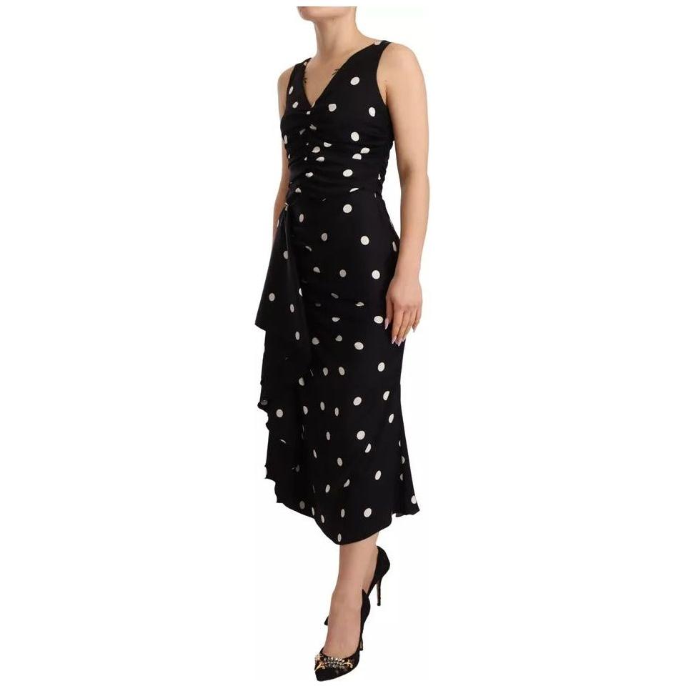 Dolce & Gabbana Black Silk Polka Dots V-neck Sheath Midi Dress Dolce & Gabbana Tan