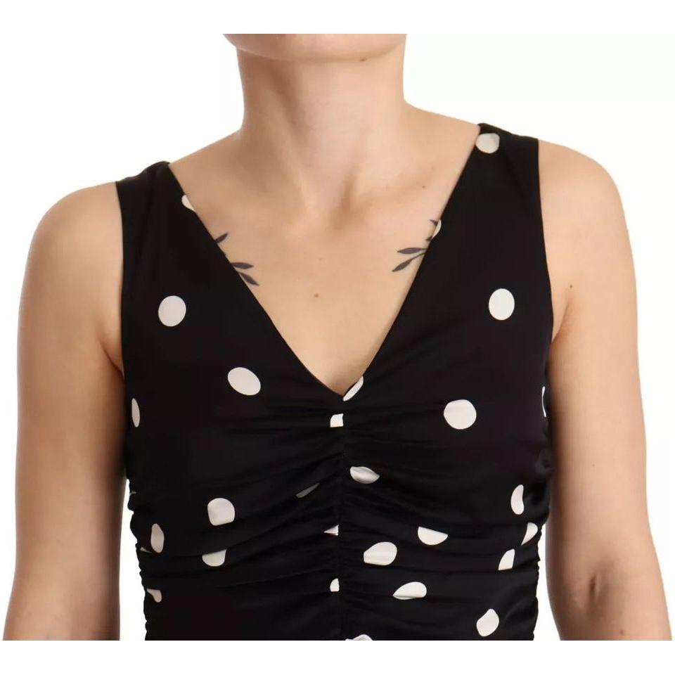 Dolce & Gabbana Black Silk Polka Dots V-neck Sheath Midi Dress Dolce & Gabbana Tan
