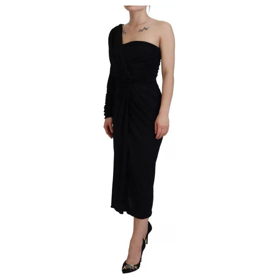 Dolce & Gabbana Black Wrap Sheath One Shoulder Wool Dress Dolce & Gabbana Black
