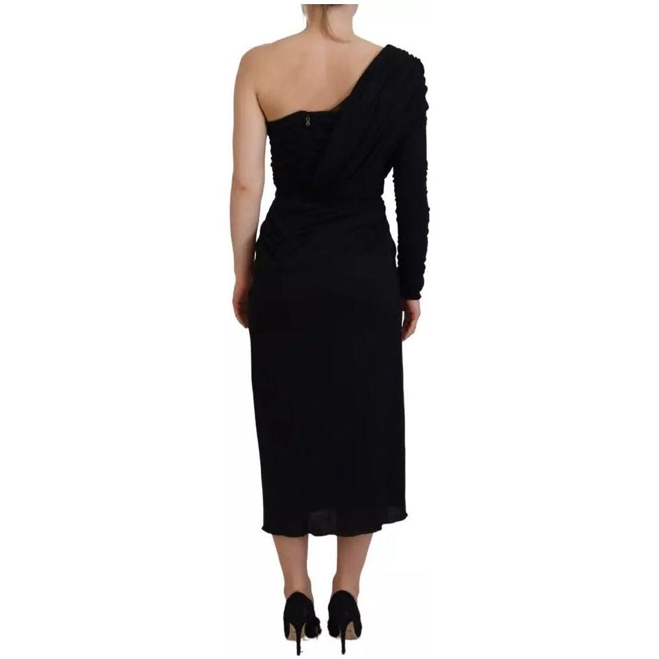 Dolce & Gabbana Black Wrap Sheath One Shoulder Wool Dress Dolce & Gabbana Black