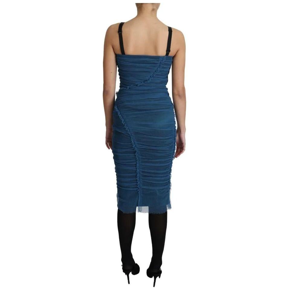 Dolce & Gabbana Blue Draped Tulle Midi Sheath Cotton Dress Dolce & Gabbana Tan