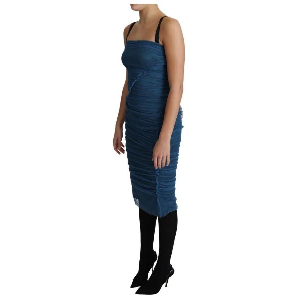 Dolce & Gabbana Blue Draped Tulle Midi Sheath Cotton Dress Dolce & Gabbana Tan