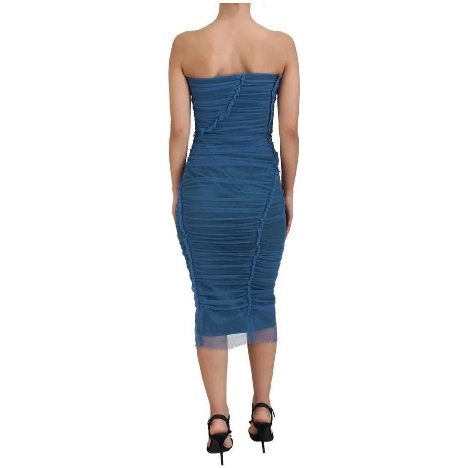 Dolce & Gabbana Blue Mesh Trim Ruched Tulle Sheath Dress Dolce & Gabbana Tan